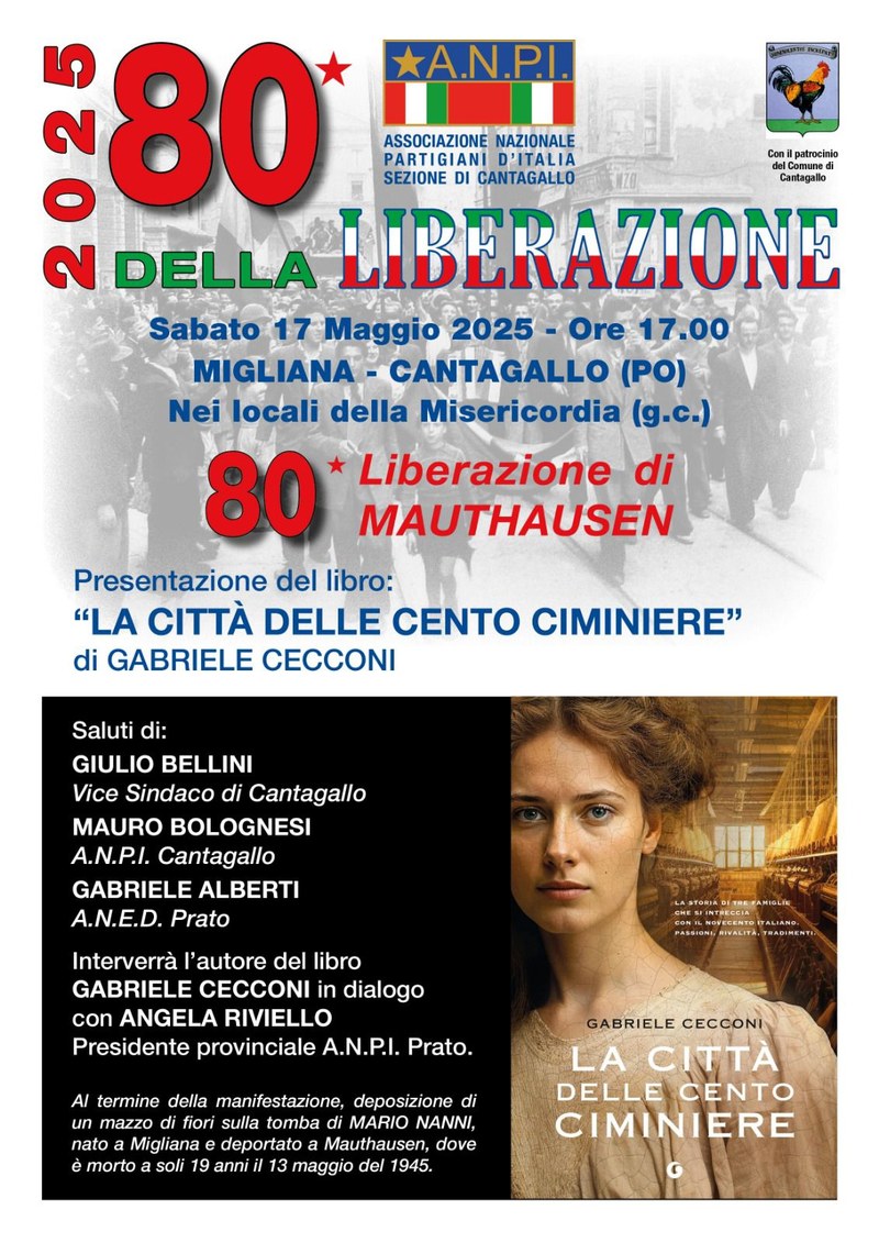 80° anniversario della Liberazione: sabato 17 maggio a Migliana la presentazione del romanzo “La città delle cento ciminiere” di Gabriele Cecconi